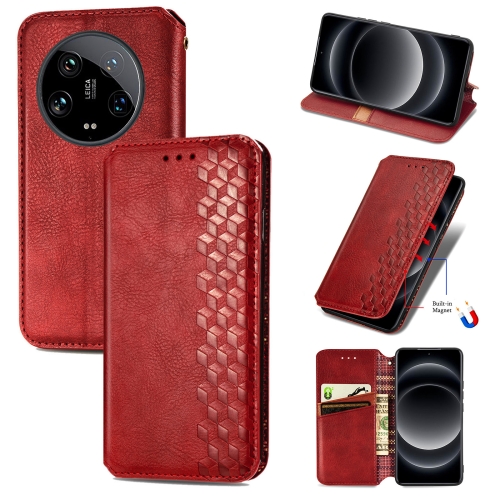 

For Xiaomi 14 Ultra Cubic Grid Pressed Magnetic Leather Phone Case(Red)