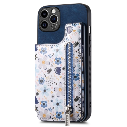 

For iPhone 13 Pro Retro Painted Zipper Wallet Back Phone Case(Blue)