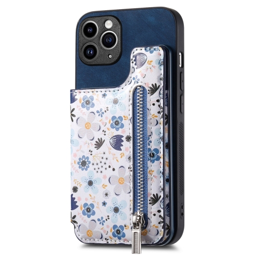 

For iPhone 11 Pro Max Retro Painted Zipper Wallet Back Phone Case(Blue)