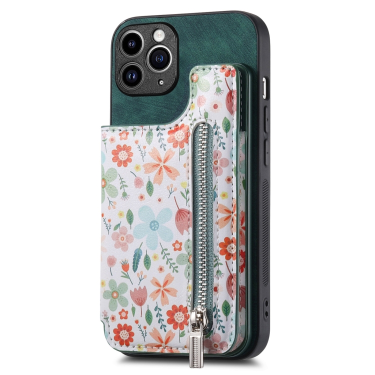 

For iPhone 11 Pro Retro Painted Zipper Wallet Back Phone Case(Green)