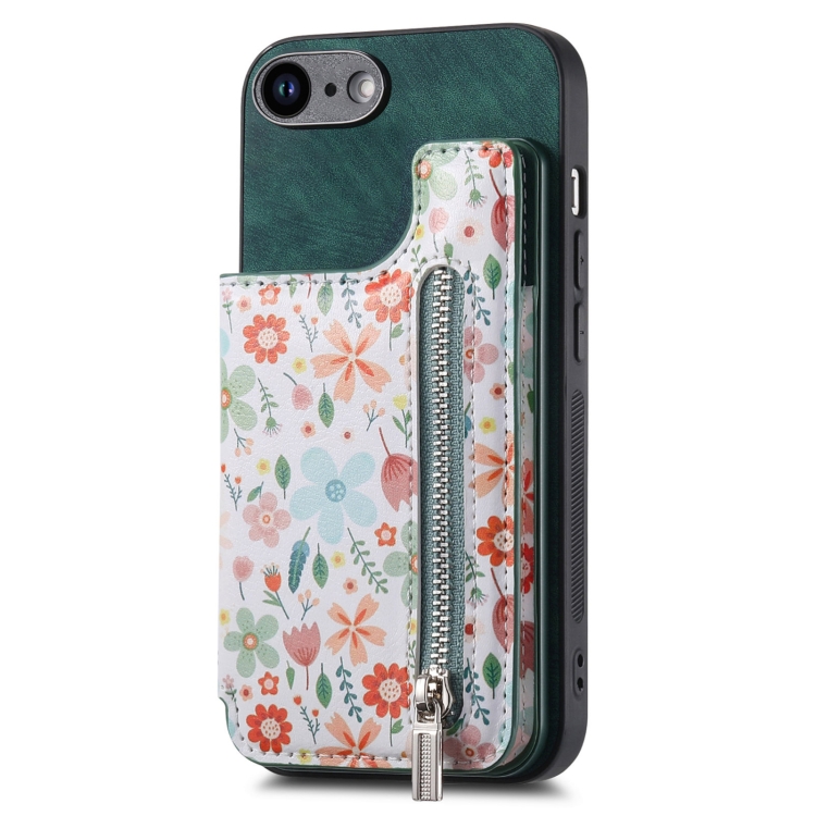 

For iPhone 7 / 8 / SE 2022 Retro Painted Zipper Wallet Back Phone Case(Green)
