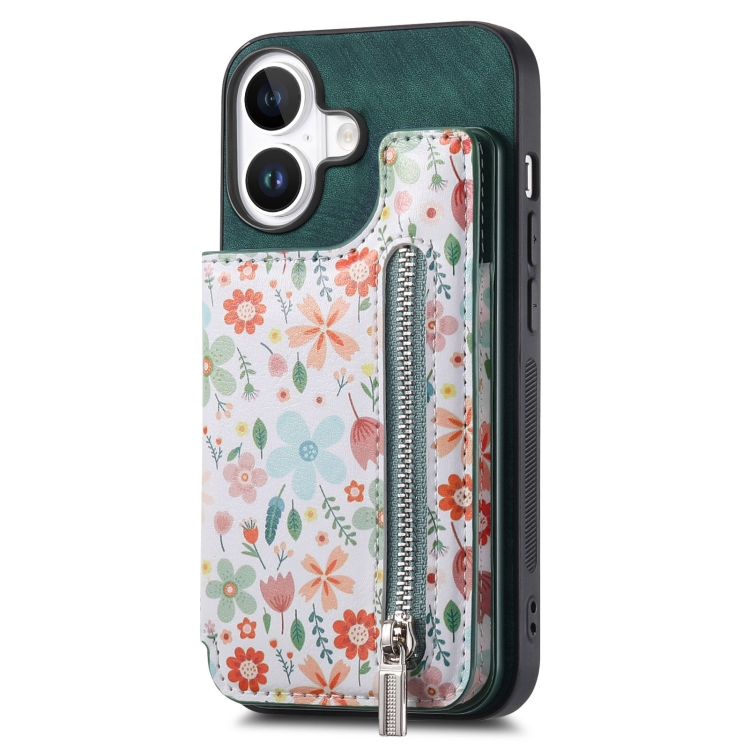 

For iPhone 16 Plus Retro Painted Zipper Wallet Back Phone Case(Green)