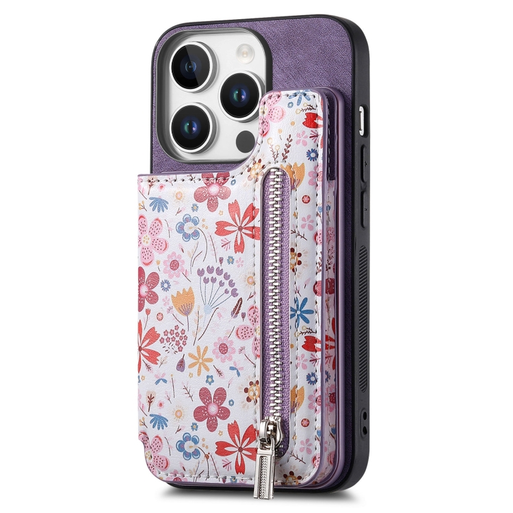 

For iPhone 16 Pro Retro Painted Zipper Wallet Back Phone Case(Purple)