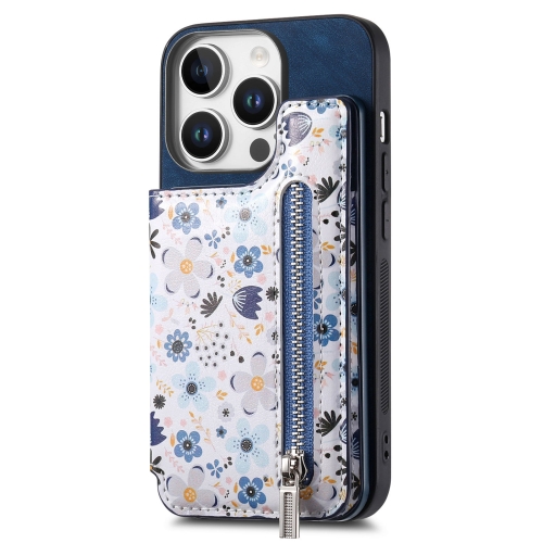 

For iPhone 16 Pro Retro Painted Zipper Wallet Back Phone Case(Blue)