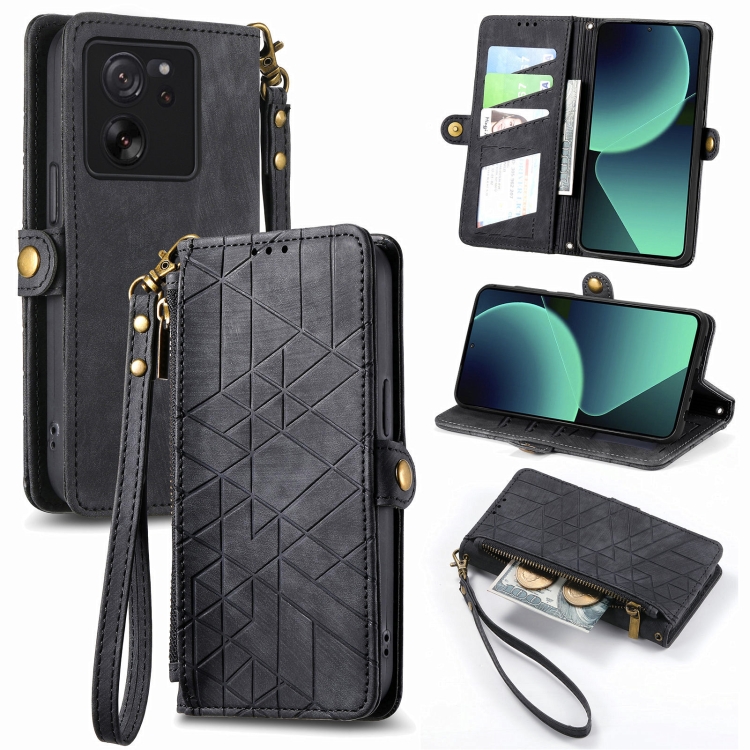 

For Xiaomi 13T / 13T Pro Geometric Zipper Wallet Side Buckle Leather Phone Case(Black)
