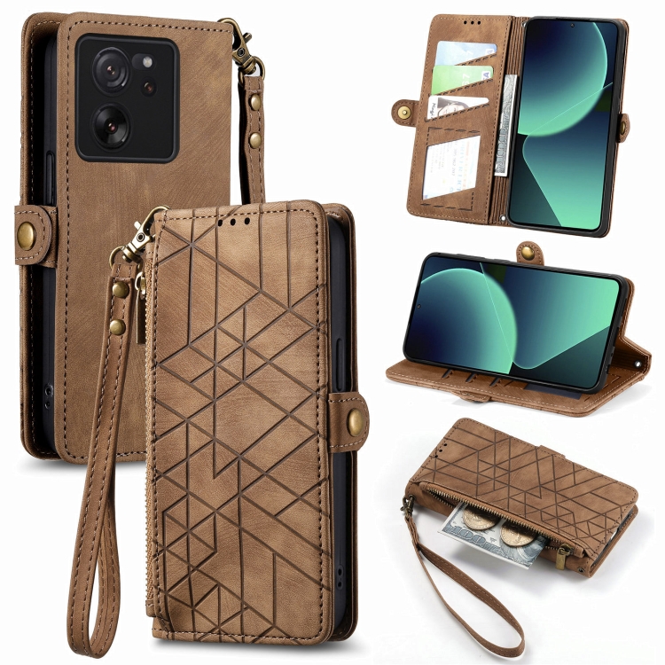 

For Xiaomi 13T / 13T Pro Geometric Zipper Wallet Side Buckle Leather Phone Case(Brown)
