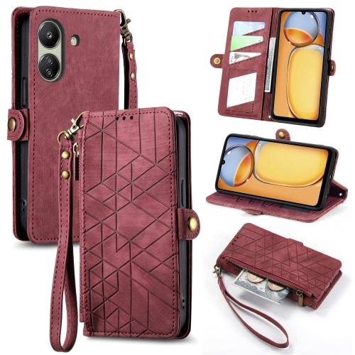 

For Xiaomi Redmi 13C Geometric Zipper Wallet Side Buckle Leather Phone Case(Red)