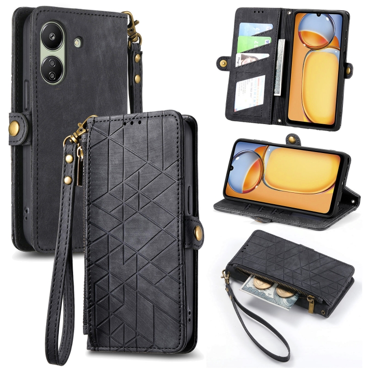 

For Xiaomi Redmi 13C Geometric Zipper Wallet Side Buckle Leather Phone Case(Black)
