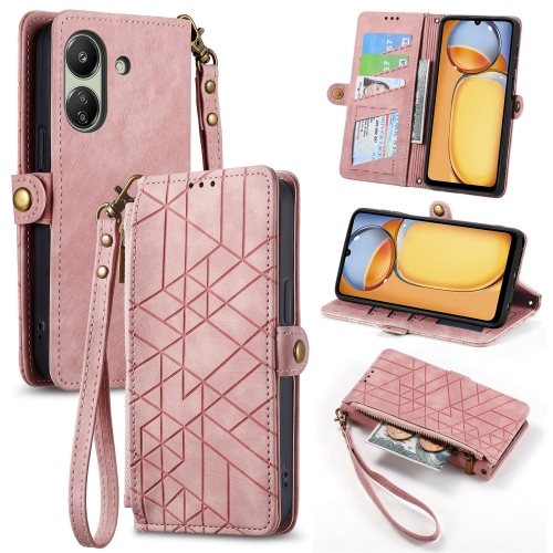 

For Xiaomi Redmi 13C Geometric Zipper Wallet Side Buckle Leather Phone Case(Pink)