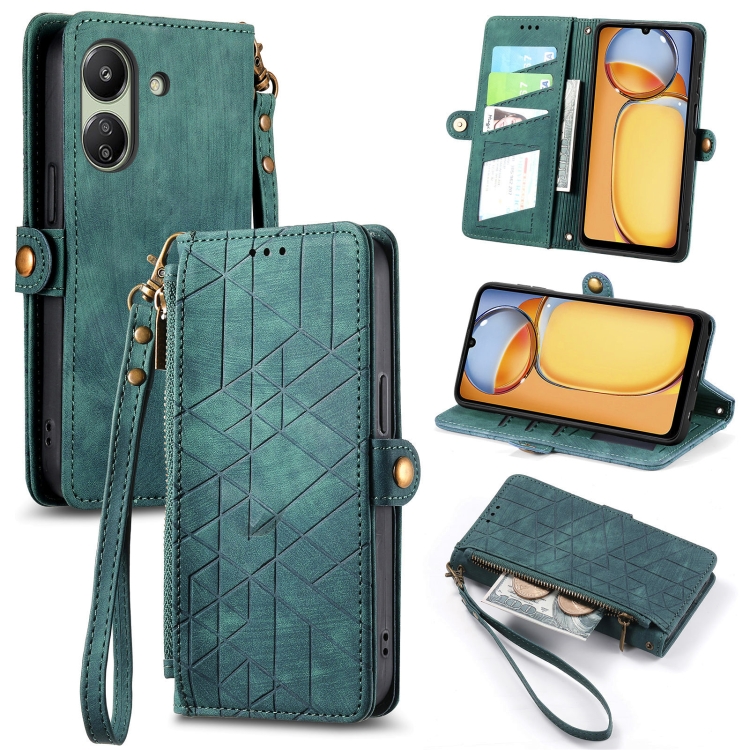 

For Xiaomi Redmi 13C Geometric Zipper Wallet Side Buckle Leather Phone Case(Green)