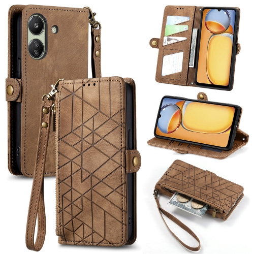 

For Xiaomi Redmi 13C Geometric Zipper Wallet Side Buckle Leather Phone Case(Brown)