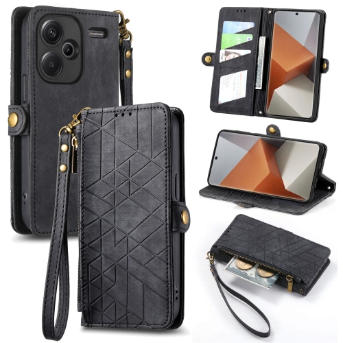 

For Xiaomi Redmi Note 13 Pro+ Geometric Zipper Wallet Side Buckle Leather Phone Case(Black)
