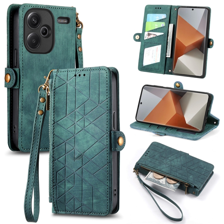 

For Xiaomi Redmi Note 13 Pro+ Geometric Zipper Wallet Side Buckle Leather Phone Case(Green)