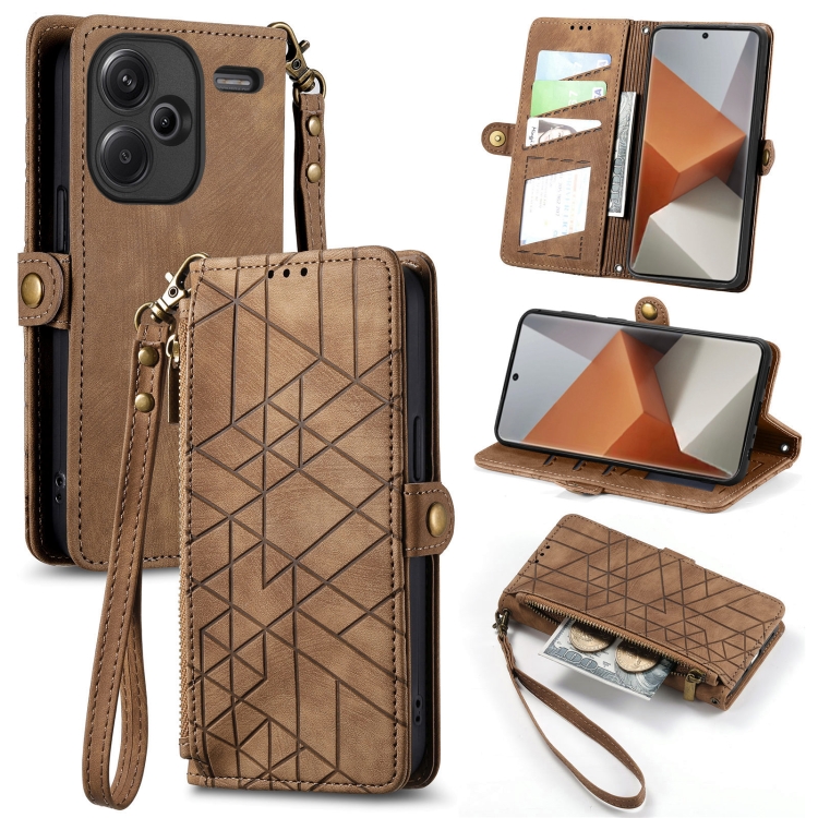 

For Xiaomi Redmi Note 13 Pro+ Geometric Zipper Wallet Side Buckle Leather Phone Case(Brown)
