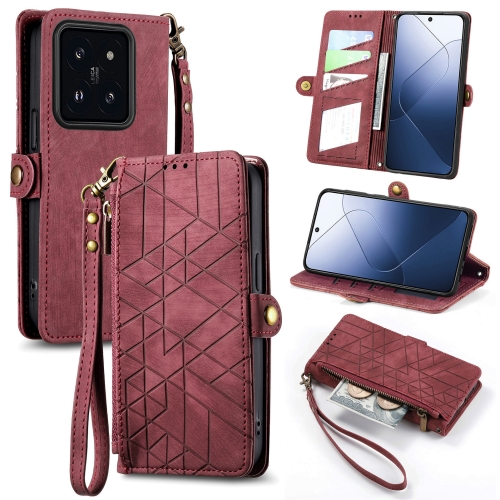 

For Xiaomi 14 Geometric Zipper Wallet Side Buckle Leather Phone Case(Red)