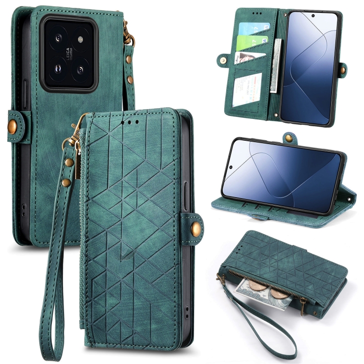 

For Xiaomi 14 Geometric Zipper Wallet Side Buckle Leather Phone Case(Green)