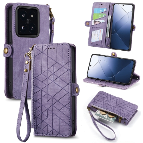 

For Xiaomi 14 Geometric Zipper Wallet Side Buckle Leather Phone Case(Purple)