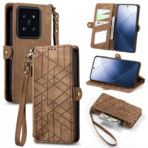 

For Xiaomi 14 Geometric Zipper Wallet Side Buckle Leather Phone Case(Brown)
