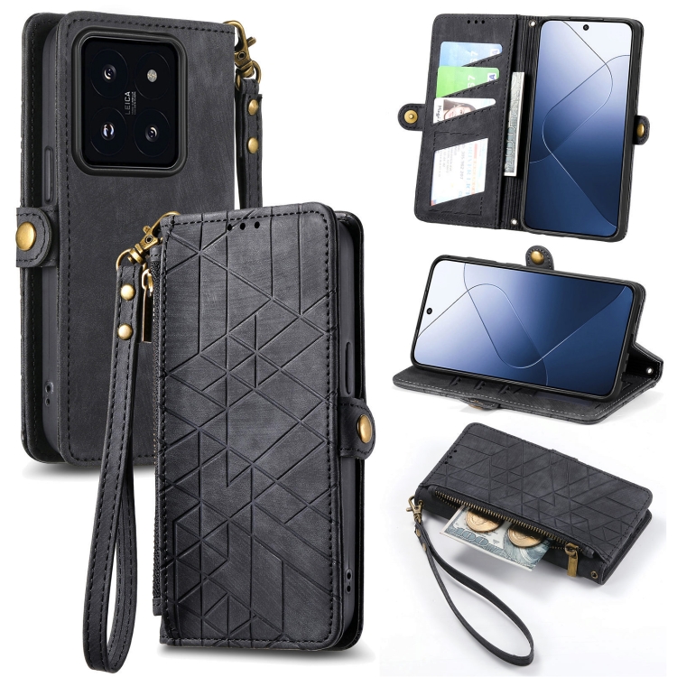 

For Xiaomi 14 Pro Geometric Zipper Wallet Side Buckle Leather Phone Case(Black)