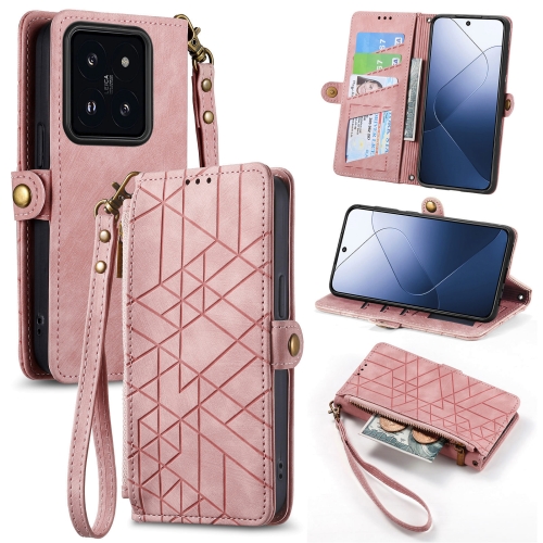 

For Xiaomi 14 Pro Geometric Zipper Wallet Side Buckle Leather Phone Case(Pink)