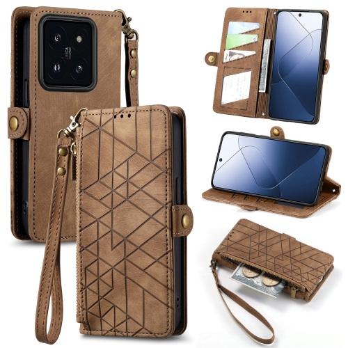 

For Xiaomi 14 Pro Geometric Zipper Wallet Side Buckle Leather Phone Case(Brown)
