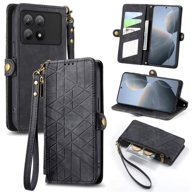 

For Xiaomi Redmi K70E Geometric Zipper Wallet Side Buckle Leather Phone Case(Black)