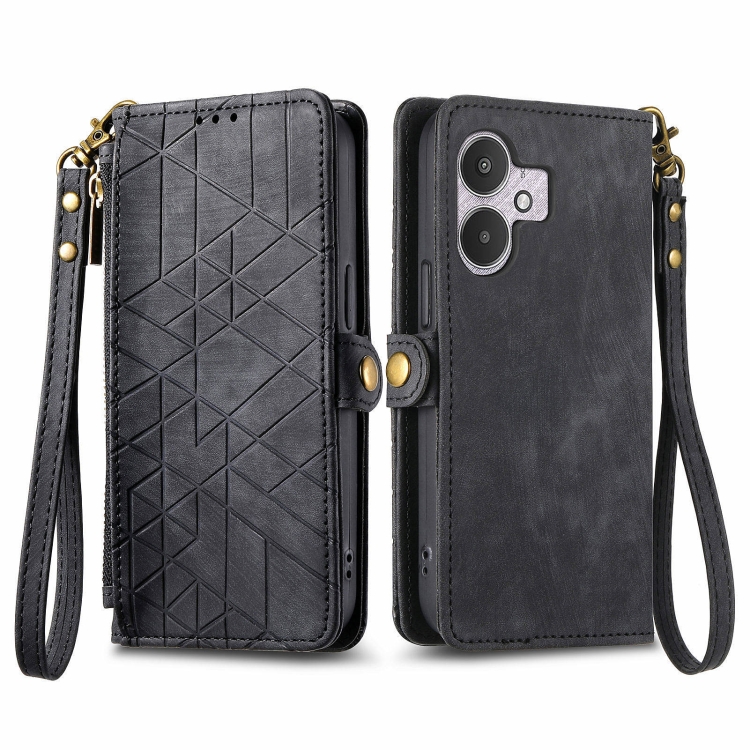 

For Xiaomi Redmi 13C 5G Geometric Zipper Wallet Side Buckle Leather Phone Case(Black)