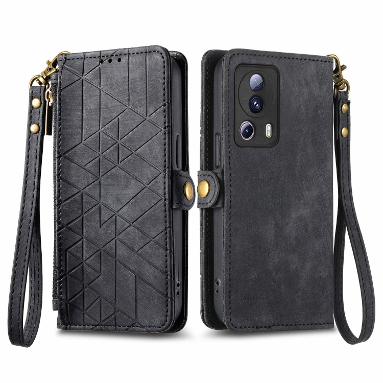 

For Xiaomi 13 lite Geometric Zipper Wallet Side Buckle Leather Phone Case(Black)