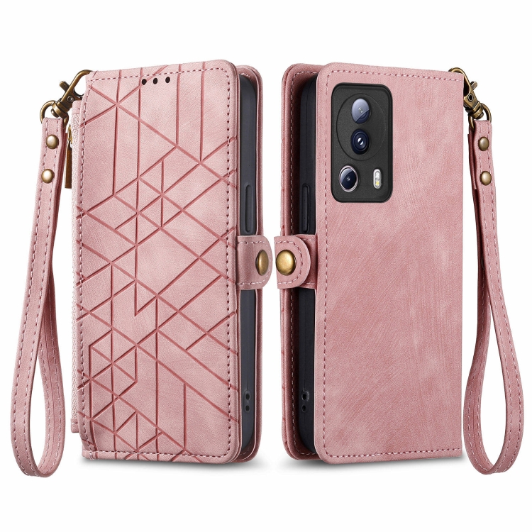 

For Xiaomi 13 lite Geometric Zipper Wallet Side Buckle Leather Phone Case(Pink)