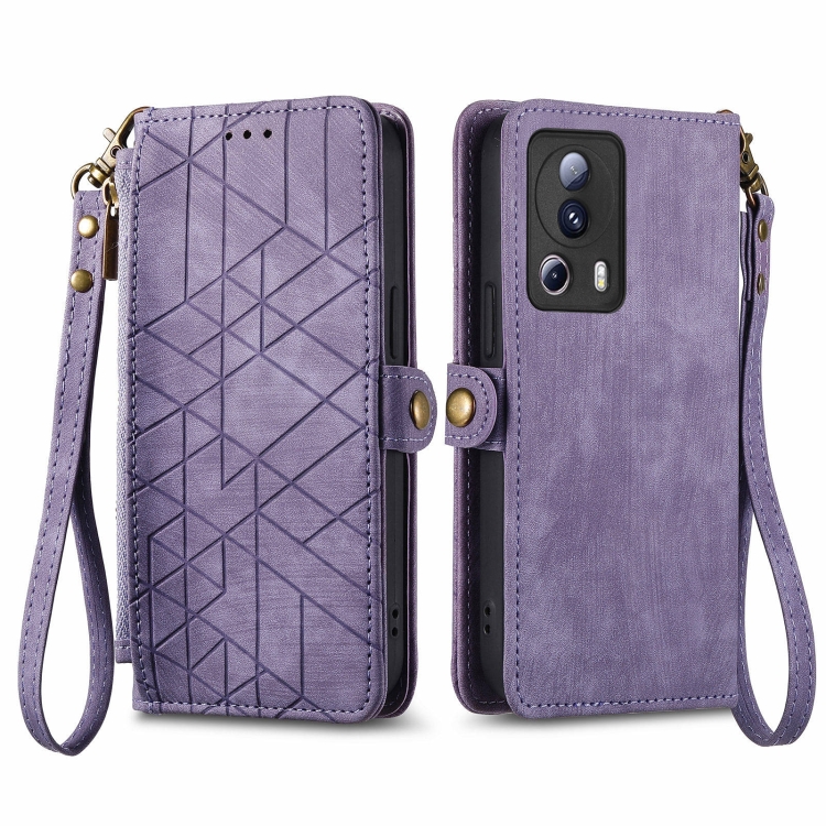 

For Xiaomi 14 Ultra Geometric Zipper Wallet Side Buckle Leather Phone Case(Purple)