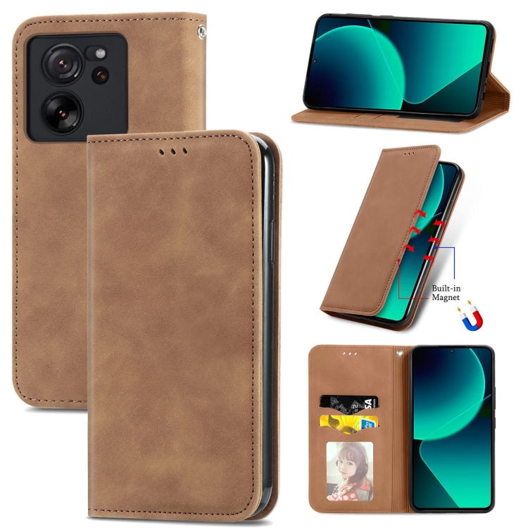 

For Xiaomi 13T / 13T Pro Retro Skin Feel Magnetic Flip Leather Phone Case(Brown)
