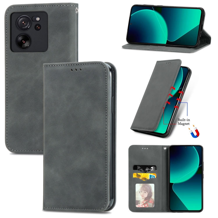 

For Xiaomi 13T / 13T Pro Retro Skin Feel Magnetic Flip Leather Phone Case(Grey)