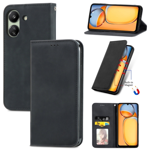 

For Xiaomi Redmi 13C Retro Skin Feel Magnetic Flip Leather Phone Case(Black)