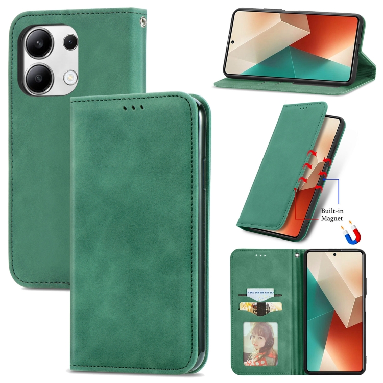 

For Xiaomi Redmi Note 13 4G Retro Skin Feel Magnetic Flip Leather Phone Case(Green)