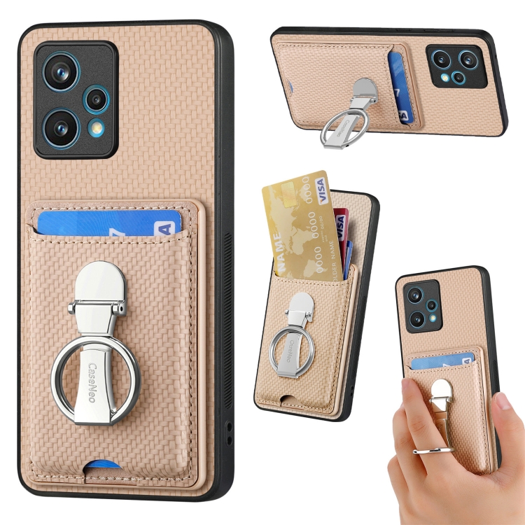 

For Realme 9 Pro+ Carbon Fiber Card Wallet Ring Holder Phone Case(Khaki)