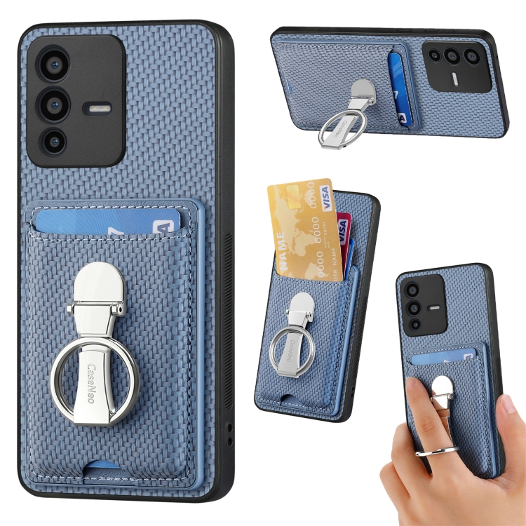 

For vivo V23 5G Carbon Fiber Card Wallet Ring Holder Phone Case(Blue)