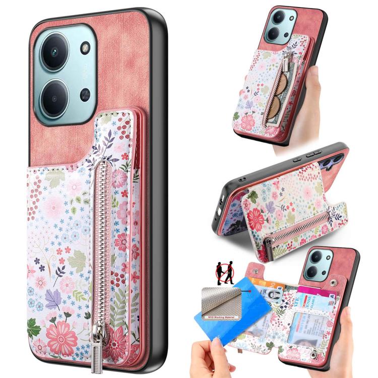 For Redmi 15C 5G / 4G Global 171mm Retro Painted Zipper Wallet Back Phone Case(Pink)