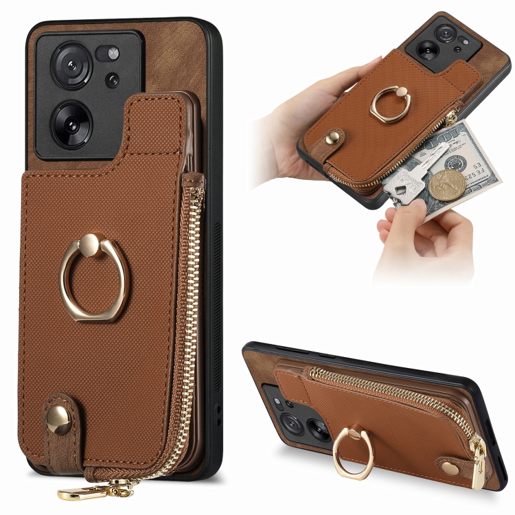 

For Xiaomi 13T / 13T Pro Cross Leather Ring Vertical Zipper Wallet Back Phone Case(Brown)