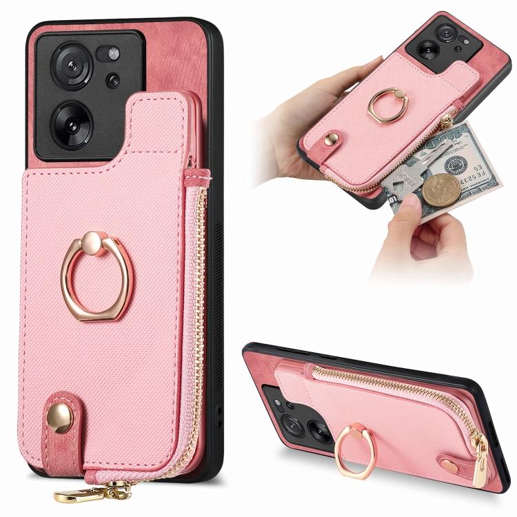 

For Xiaomi 13T / 13T Pro Cross Leather Ring Vertical Zipper Wallet Back Phone Case(Pink)