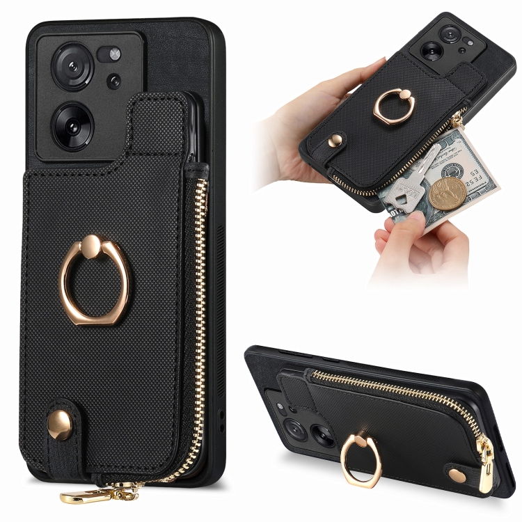 

For Xiaomi 13T / 13T Pro Cross Leather Ring Vertical Zipper Wallet Back Phone Case(Black)