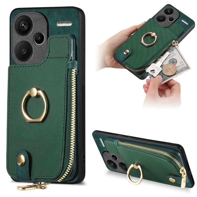

Xiaomi Redmi Note 13 Pro+ Cross Leather Ring Vertical Zipper Wallet Back Phone Case(Green)