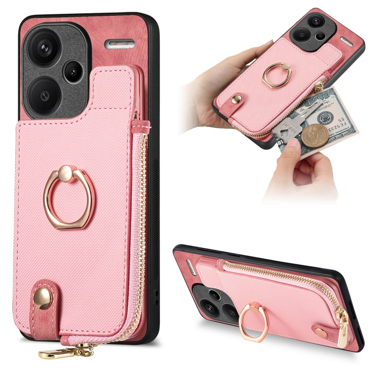 

Xiaomi Redmi Note 13 Pro+ Cross Leather Ring Vertical Zipper Wallet Back Phone Case(Pink)