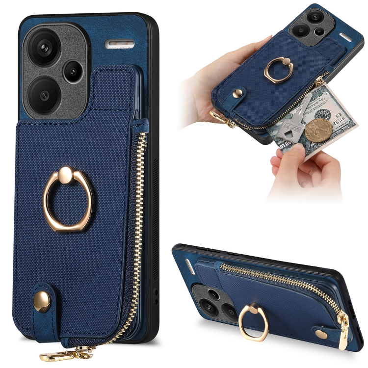 

Xiaomi Redmi Note 13 Pro+ Cross Leather Ring Vertical Zipper Wallet Back Phone Case(Blue)