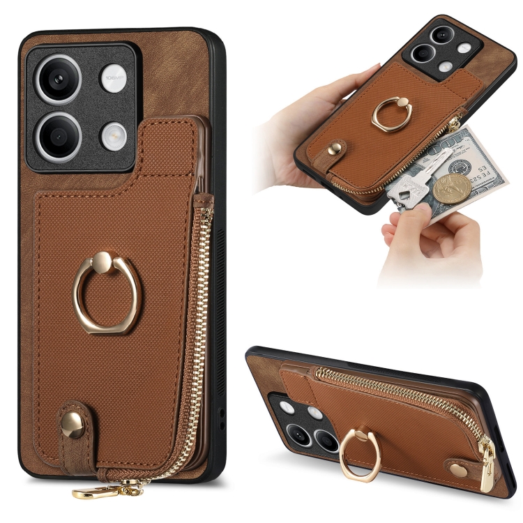 

For Xiaomi Redmi Note 13 Cross Leather Ring Vertical Zipper Wallet Back Phone Case(Brown)