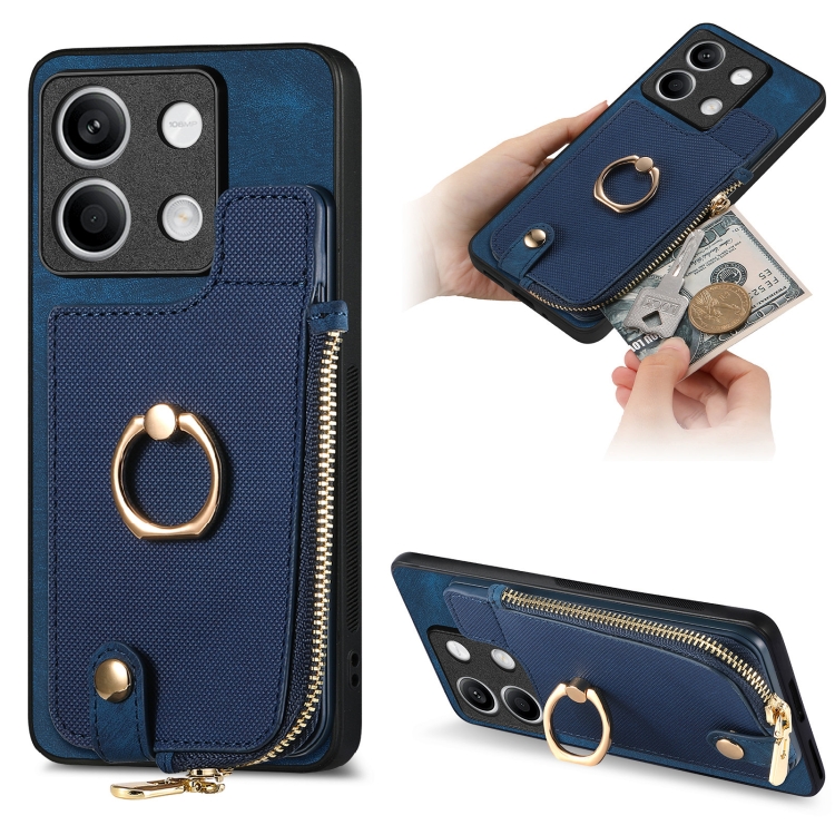 

For Xiaomi Redmi Note 13 Cross Leather Ring Vertical Zipper Wallet Back Phone Case(Blue)