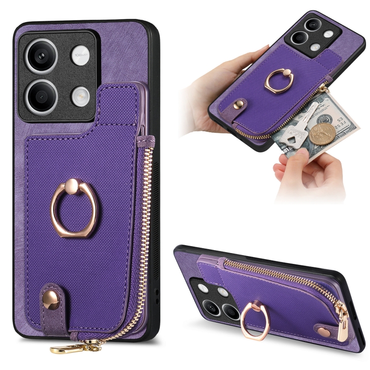 

For Xiaomi Redmi Note 13 Cross Leather Ring Vertical Zipper Wallet Back Phone Case(Purple)