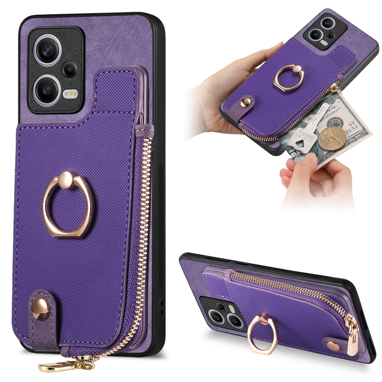 

For Xiaomi Redmi Note 12 Pro 5G Cross Leather Ring Vertical Zipper Wallet Back Phone Case(Purple)