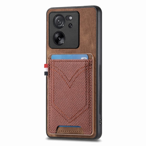 For Xiaomi 13T / 13T Pro Denim Texture Leather Skin Phone Case with Card Slot(Brown) traditional archery cow leather arm restraint protector guard pull bow protect arm for shooting hunting archery accessory