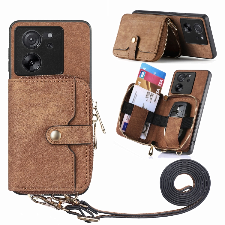 

For Xiaomi 13T / 13T Pro Crossbody Multi-function Zipper Wallet Phone Case(Brown)