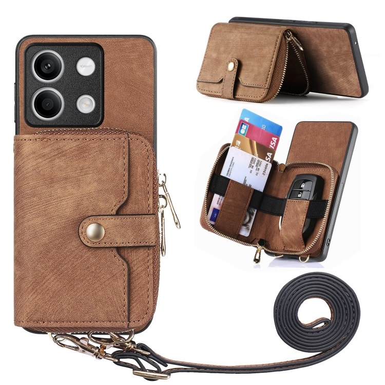 

For Xiaomi Redmi Note 13 Crossbody Multi-function Zipper Wallet Phone Case(Brown)